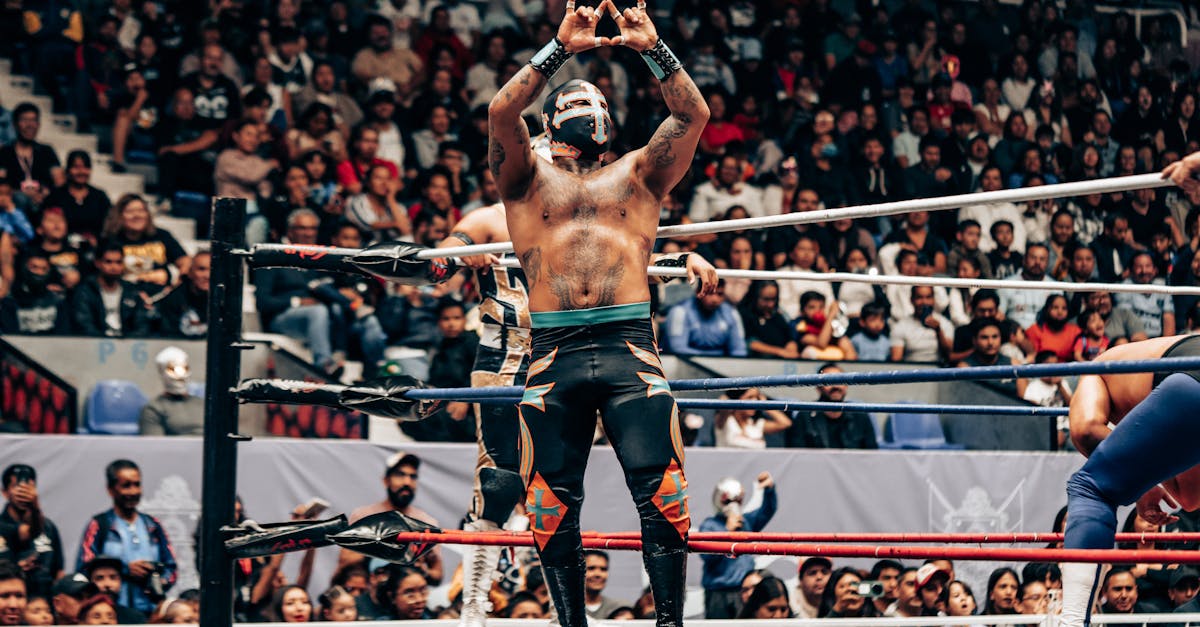 Vibrant lucha libre wrestling match in Santiago de Querétaro arena with masked wrestlers and enthusiastic crowd.